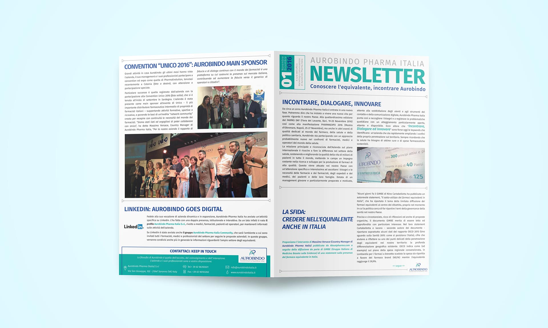 Pagine esterne della Newsletter 2016 per Aurobindo Pharma Italia