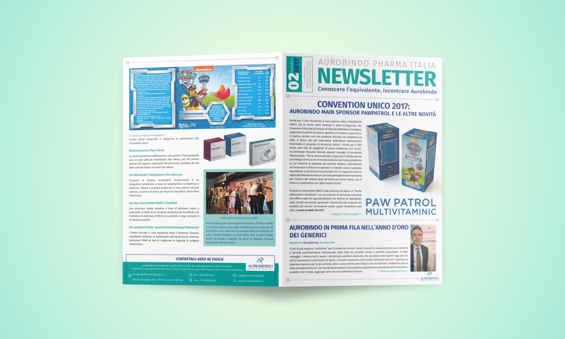Pagine esterne della Newsletter 2017 per Aurobindo Pharma Italia