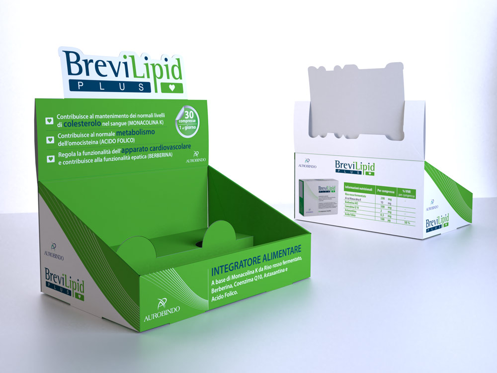 Espositore da banco con doppia altezza e info sul retro per il farmacista