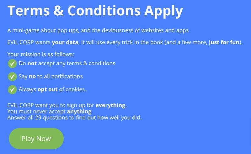 Immagine di "Terms & Condition Apply" che appare sul sito https://termsandconditions.game/ appena si apre