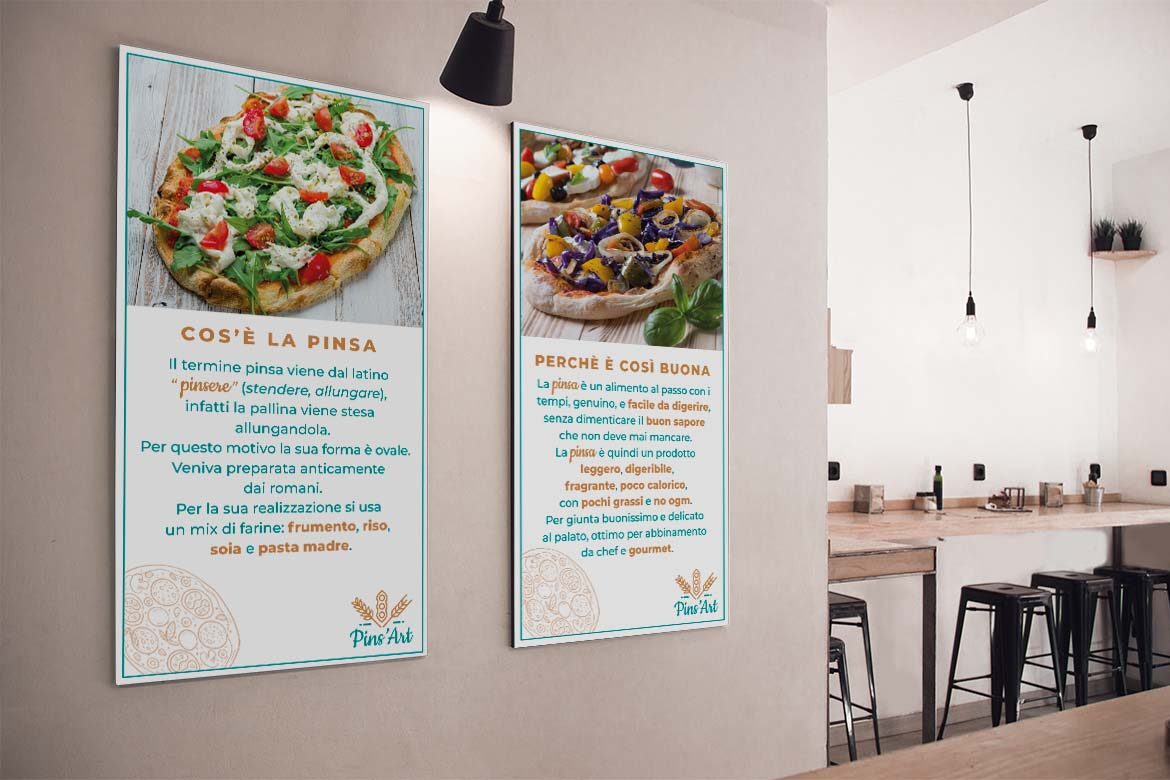 Cartelloni interni pinseria Pins'Art realizzati da Erica Bortolussi