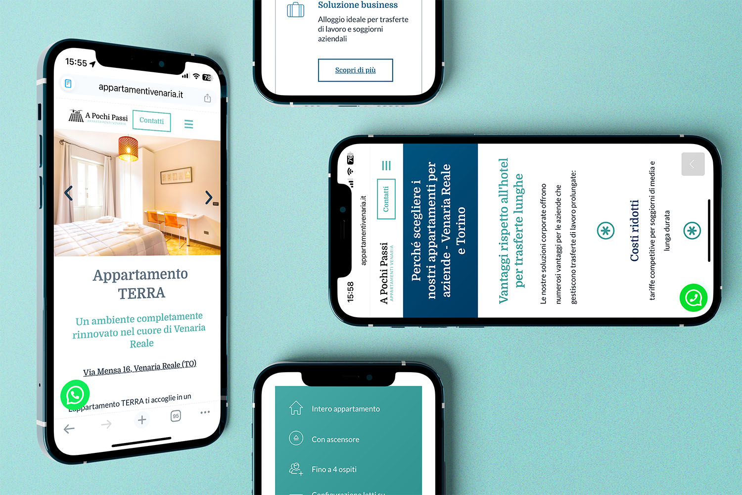 Sito web A Pochi Passi Appartamenti Venaria: schermate di pagine su mobile in visualizzazione responsive_sito realizzato da Erica Bortolussi