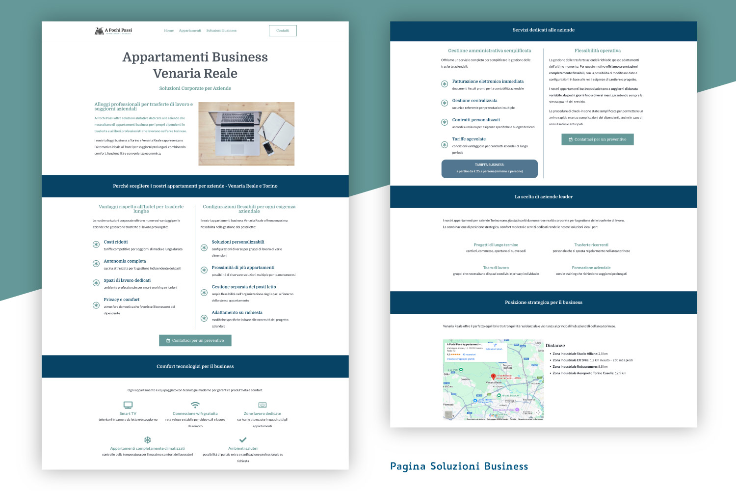 Schermate in visualizzazione desktop del sito A Pochi Passi Appartamenti Venaria: pagina Soluzioni business_realizzato da Erica Bortolussi